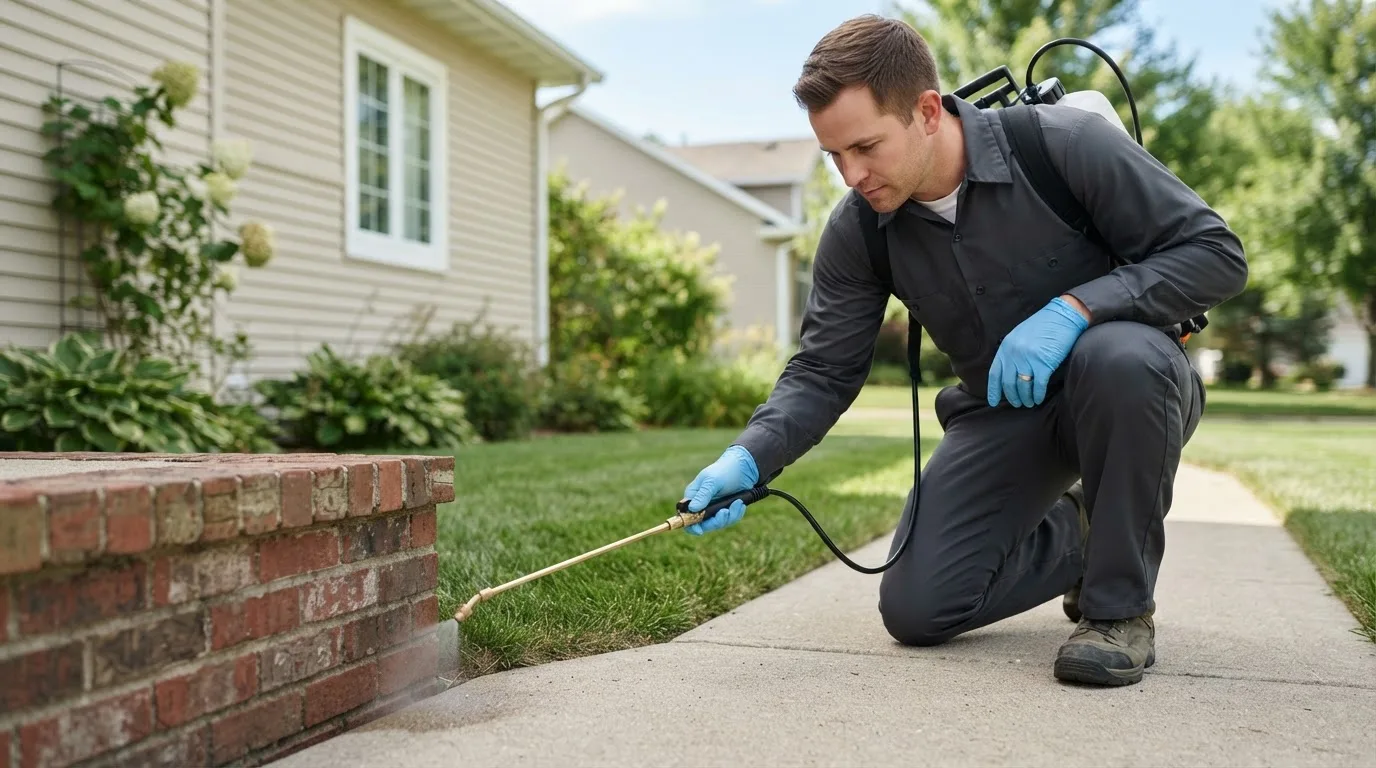 Pest control technician treating a home near Peachtree City, GA